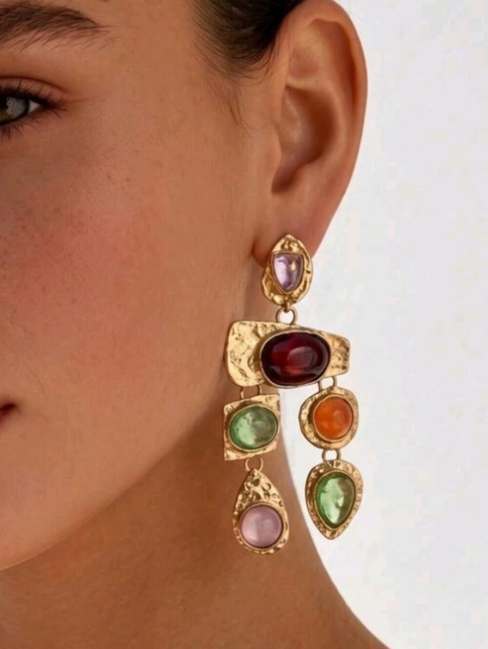 NEW! Gold Multi-Stone Dangle Earrings with Green, Red, Orange and Pink Accents